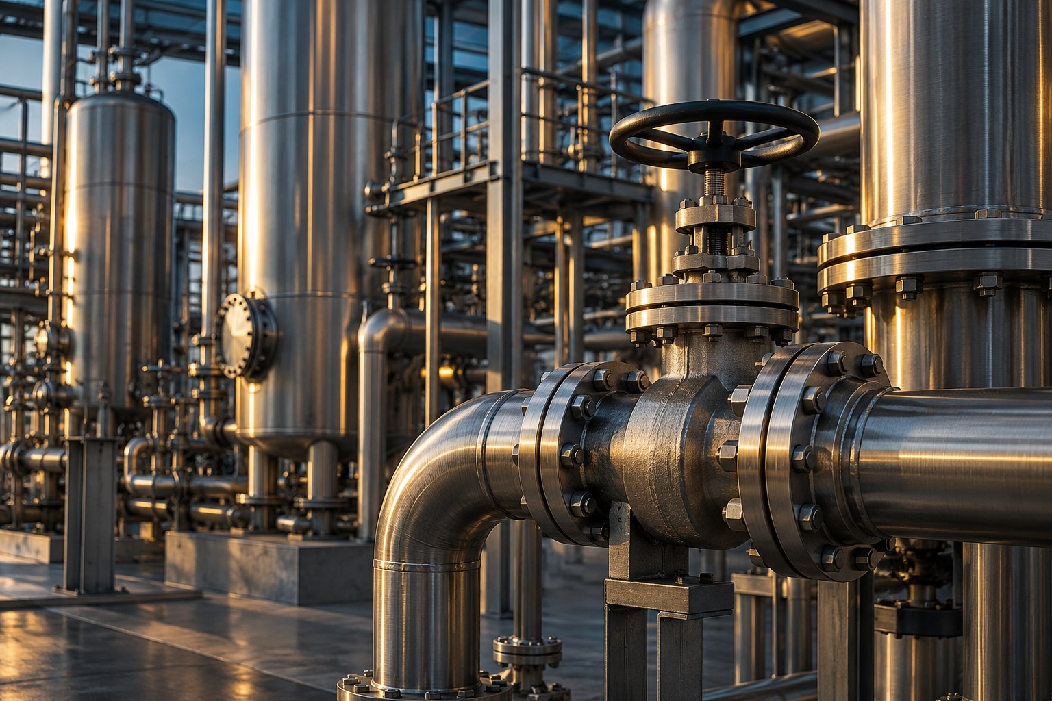 Stainless steel pipework and process equipment in an industrial facility